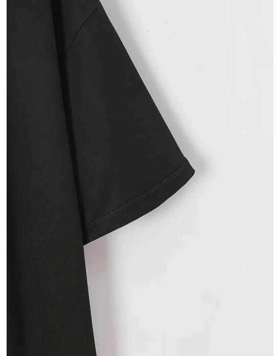 Baskılı Oversize Bisiklet Yaka T-shirt - Siyah