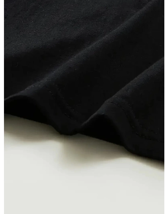 Baskılı Oversize Bisiklet Yaka T-shirt - Siyah