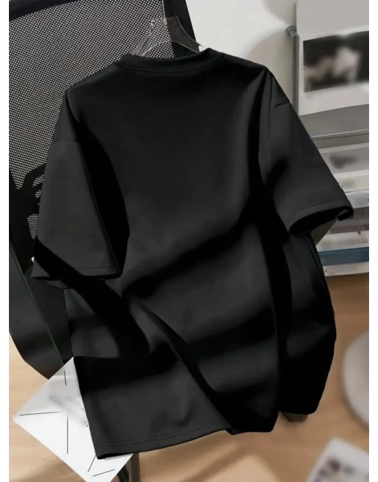 Baskılı Oversize Bisiklet Yaka T-shirt - Siyah