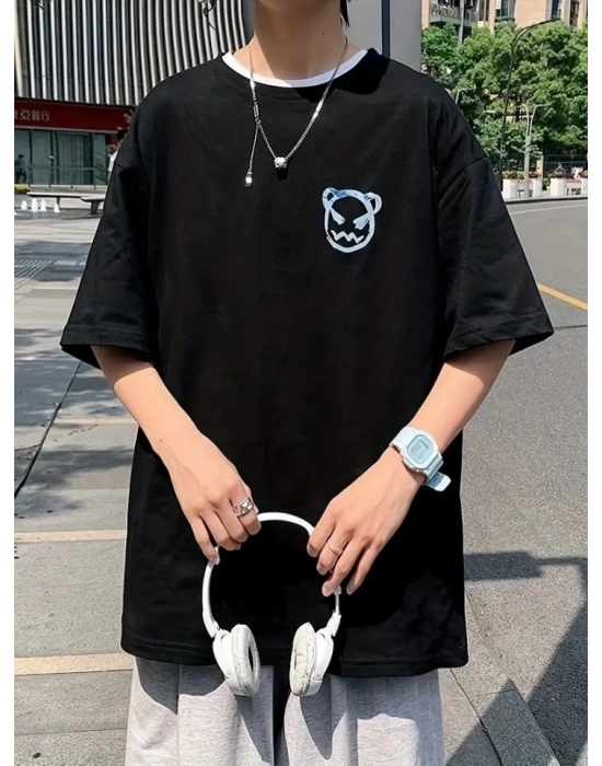 Baskılı Oversize Bisiklet Yaka T-shirt - Siyah