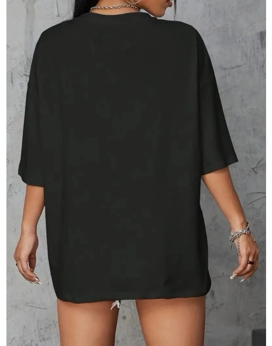 Baskılı Oversize Bisiklet Yaka T-shirt - Siyah