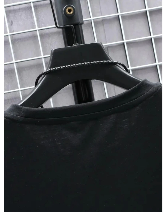 Baskılı Oversize Bisiklet Yaka T-shirt - Siyah