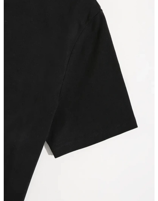 Baskılı Oversize Bisiklet Yaka T-shirt - Siyah