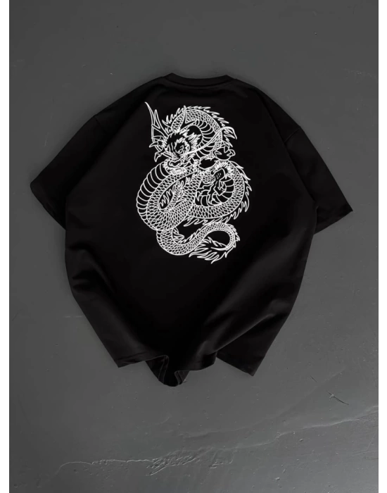 Baskılı Oversize Bisiklet Yaka T-shirt - Siyah