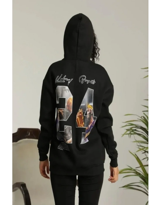 Baskılı Oversize Üç İplik Kapüşonlu Sweatshirt - Siyah