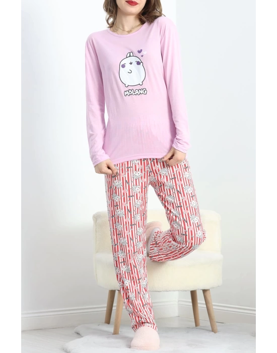Baskılı Polivskon Pijama Takımı Pembebeyaz - 40091.1287.
