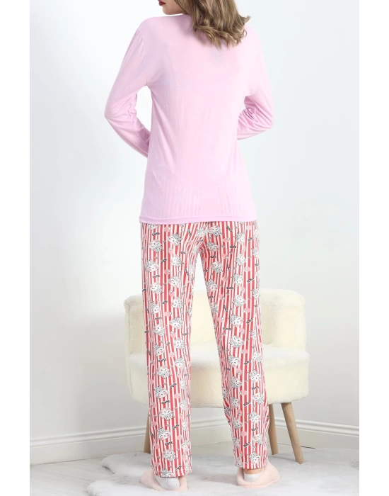 Baskılı Polivskon Pijama Takımı Pembebeyaz - 40091.1287.