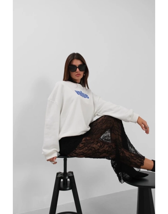 Baskılı Sıfır Yaka Oversize Sweatshirt