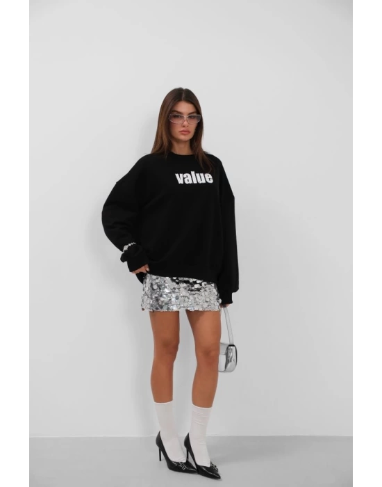 Baskılı Sıfır Yaka Oversize Sweatshirt