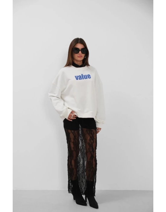 Baskılı Sıfır Yaka Oversize Sweatshirt