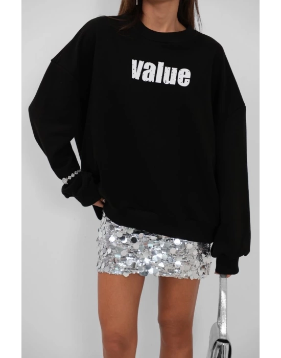 Baskılı Sıfır Yaka Oversize Sweatshirt