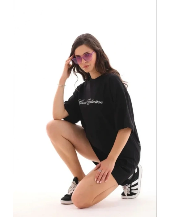 Baskılı T-Shirt Kısa Kol Bisiklet Yaka Regular Rahat Kalıp Günlük Tişört - Siyah