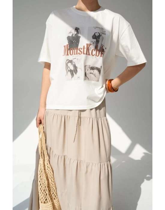 Baskılı T-Shirt - Krem