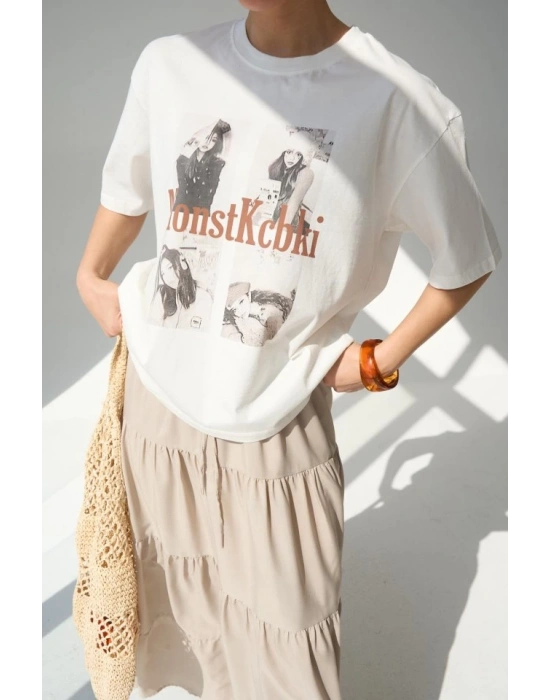 Baskılı T-Shirt - Krem