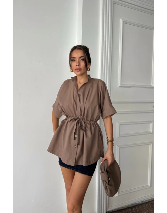 BEL BÜZGÜ DETAYLI POPLİN GÖMLEK - Kahverengi