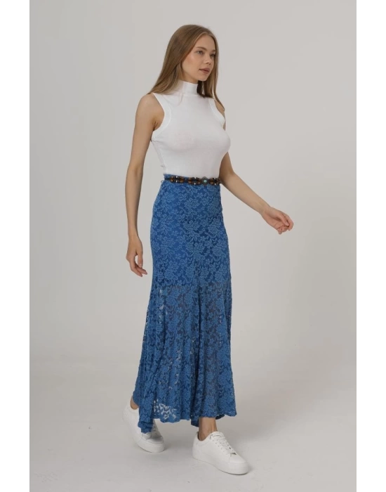 Bel Lastikli Dantel Etek - Mavi