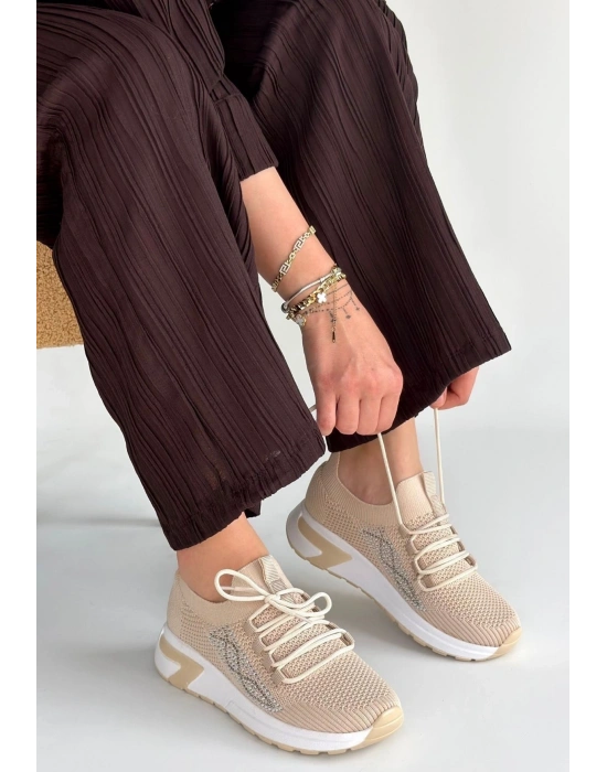 Belan Bej Triko Bağcıklı Spor Ayakkabı