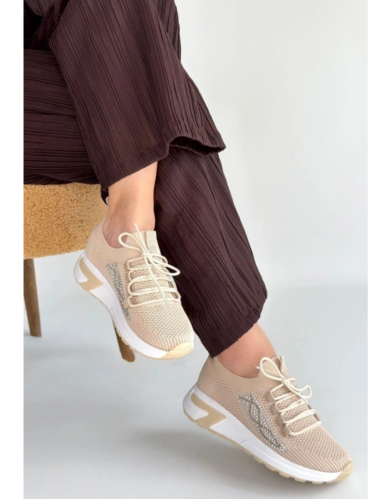 Belan Bej Triko Bağcıklı Spor Ayakkabı
