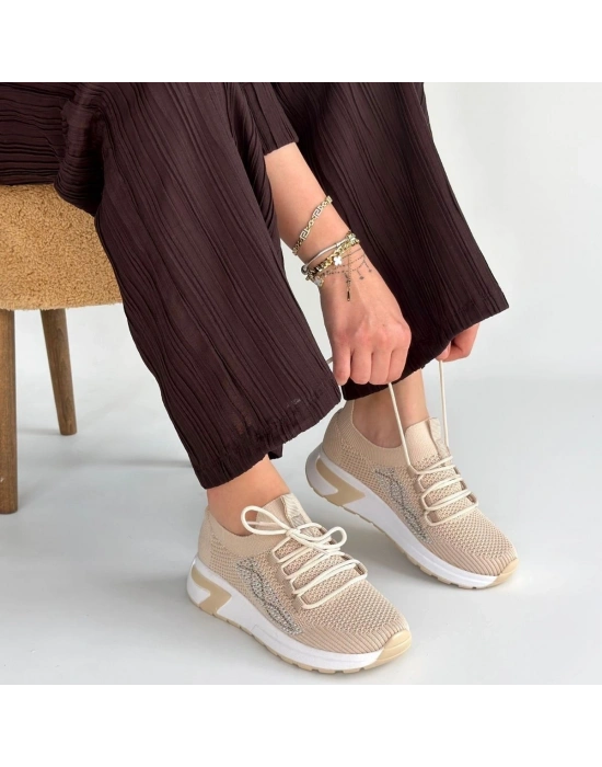 Belan Bej Triko Bağcıklı Spor Ayakkabı