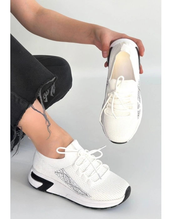 Belan Beyaz Triko Bağcıklı Spor Ayakkabı