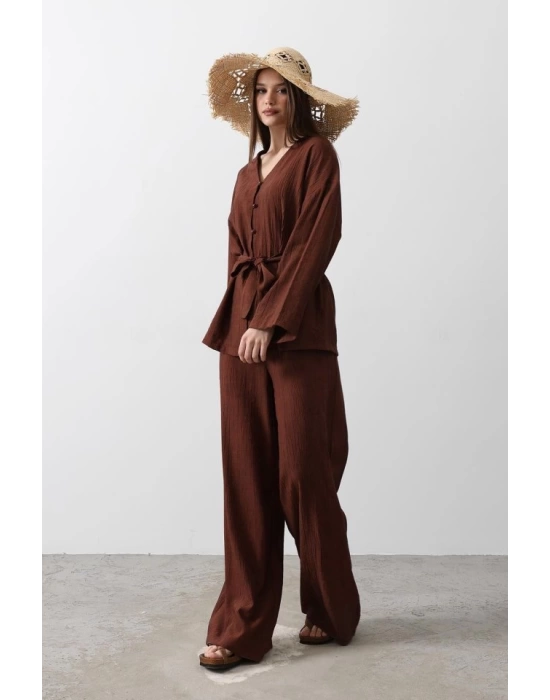 Beli Bağlamalı Tunik Ve Beli Bağlamalı Pantolon Takım - Kahve