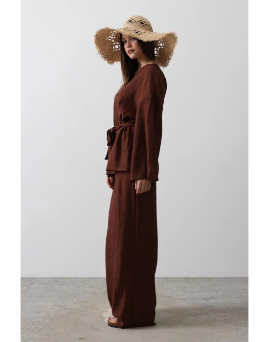 Beli Bağlamalı Tunik Ve Beli Bağlamalı Pantolon Takım - Kahve