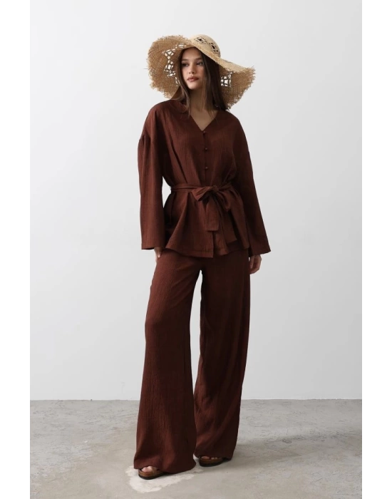 Beli Bağlamalı Tunik Ve Beli Bağlamalı Pantolon Takım - Kahve