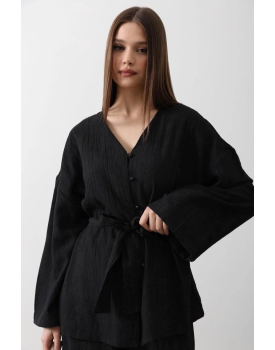 Beli Bağlamalı Tunik Ve Beli Bağlamalı Pantolon Takım - Siyah