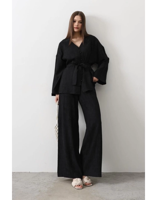 Beli Bağlamalı Tunik Ve Beli Bağlamalı Pantolon Takım - Siyah