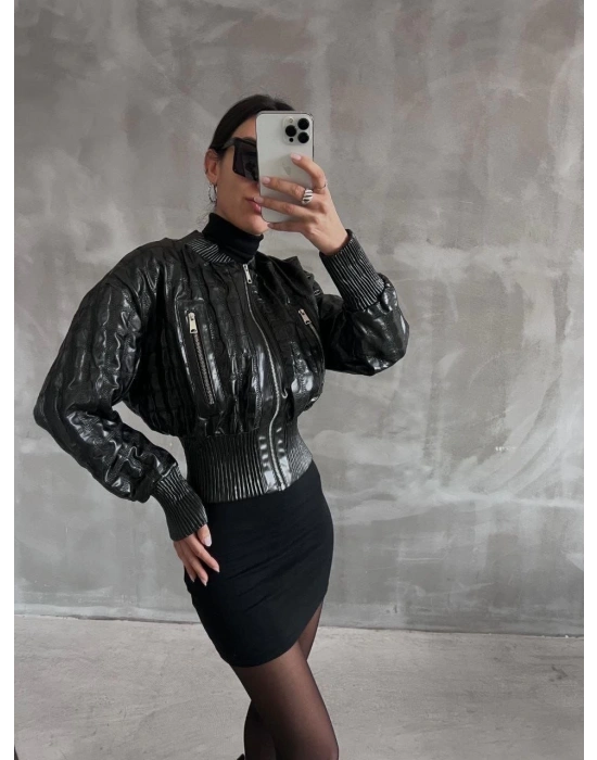 Beli büzgülü crop deri ceket siyah