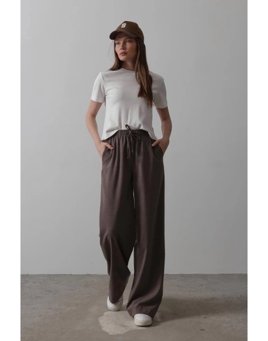 Beli Lastikli Bol Paça Pantolon - Kahve