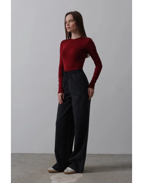 Beli Lastikli Bol Paça Pantolon - Lacivert-Beyaz
