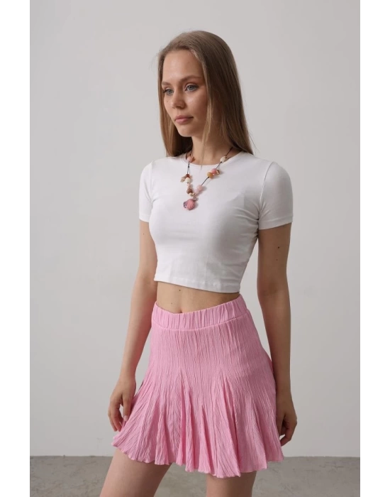 Beli Lastikli Mini Etek - Pembe