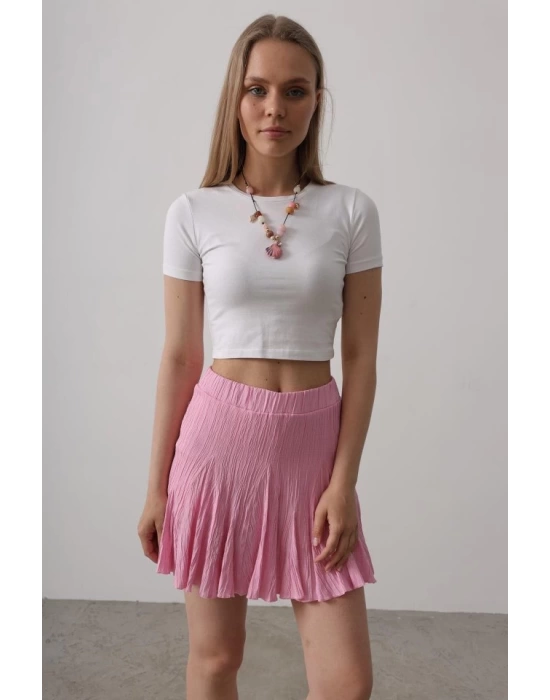 Beli Lastikli Mini Etek - Pembe