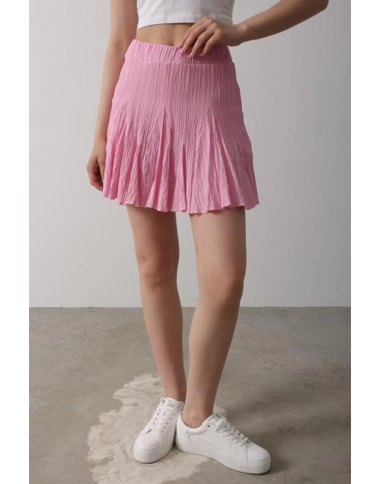 Beli Lastikli Mini Etek - Pembe