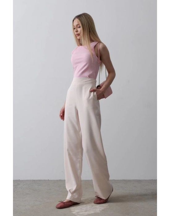 Beli Yarım Lastikli Palazzo Pantolon - Pudra