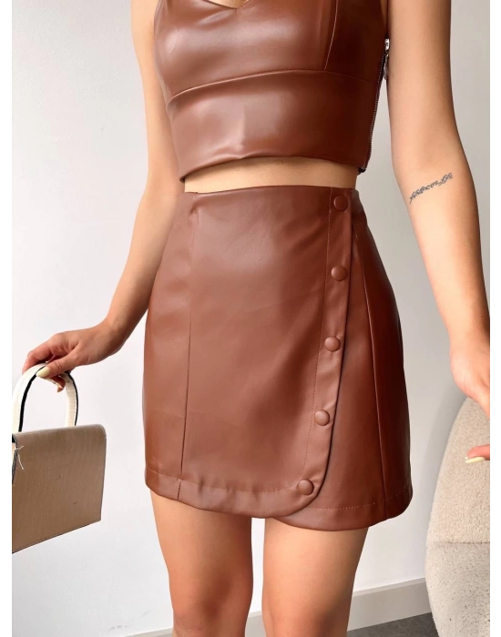 Beş düğmeli oval deri etek kahve h240068