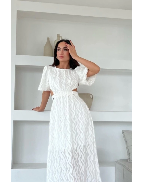 Beyaz Balon Kol Kuşaklı Elbise