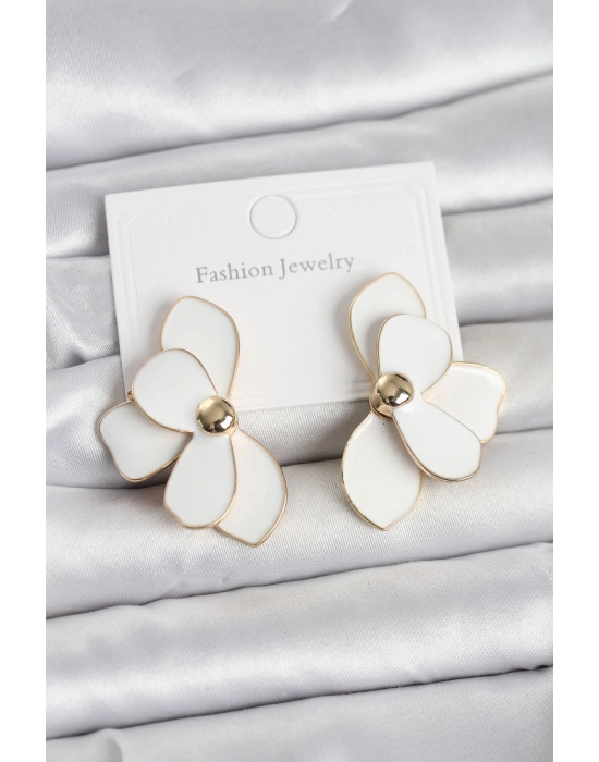 Beyaz Mineli Lotus Model Pirinç Kadın Küpe