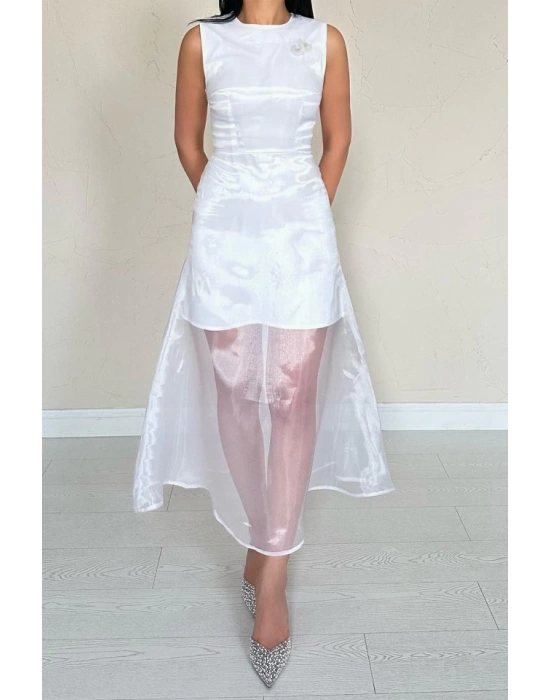 Beyaz Organze Detaylı Atlas Elbise