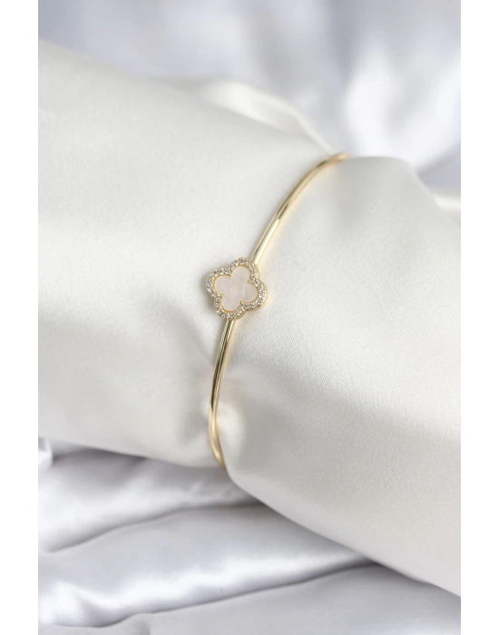 Beyaz Sedefli Yonca Model Gold Renk Kadın Bileklik
