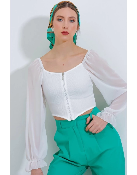 Beyaz Şifon Önü Fermuarlı Bluz 0496