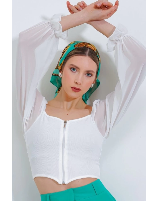 Beyaz Şifon Önü Fermuarlı Bluz 0496