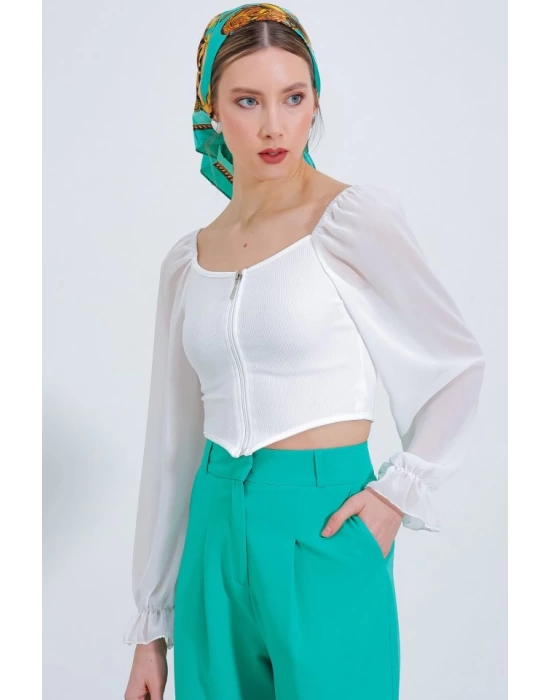 Beyaz Şifon Önü Fermuarlı Bluz 0496