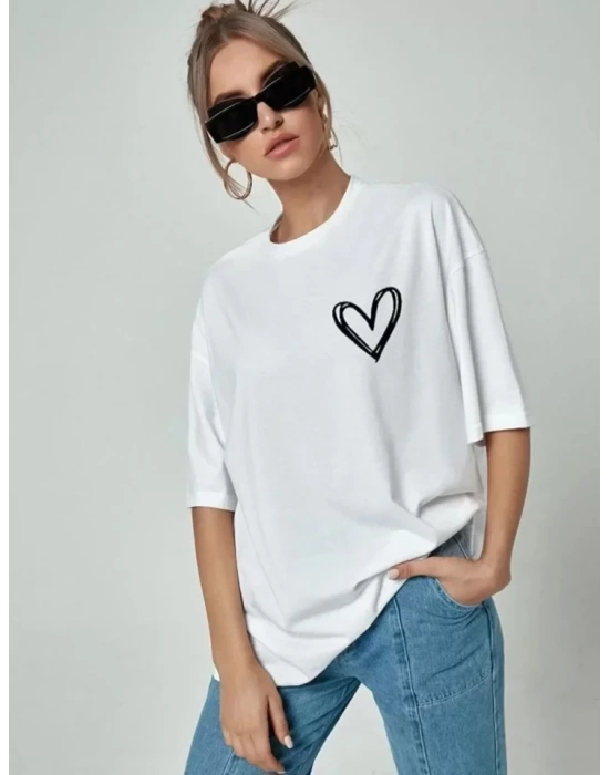 Bisiklet Yaka Baskılı Oversize T-Shirt - Beyaz