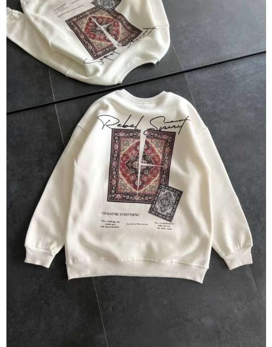 Bisiklet Yaka Baskılı SweatShirt - Beyaz