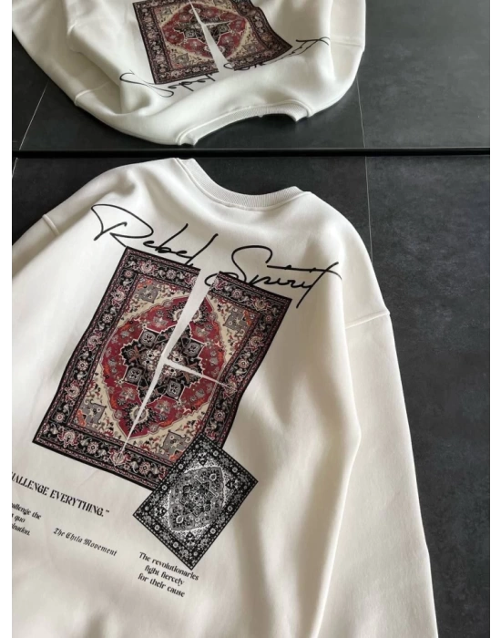 Bisiklet Yaka Baskılı SweatShirt - Beyaz