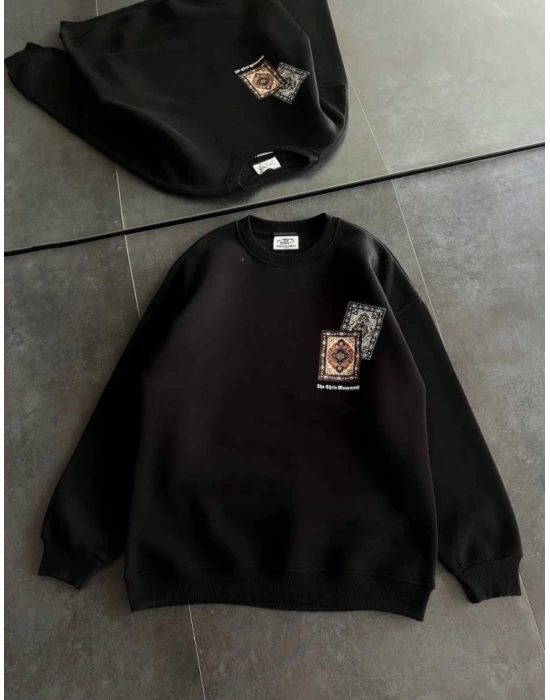 Bisiklet Yaka Baskılı SweatShirt - Siyah