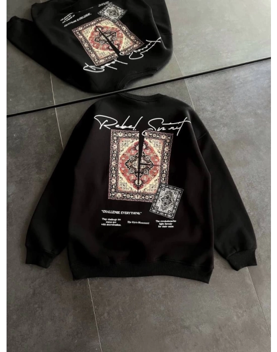 Bisiklet Yaka Baskılı SweatShirt - Siyah