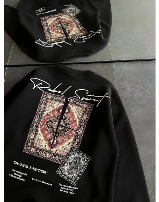 Bisiklet Yaka Baskılı SweatShirt - Siyah
